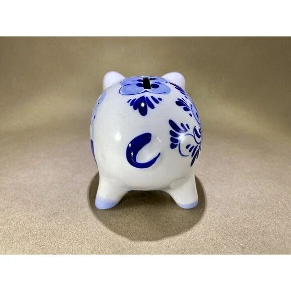 Vtg Hand Painted Delft Blue Small Piggy Coin Bank Holland Collectible w/ Stopper - Picture 4 of 10